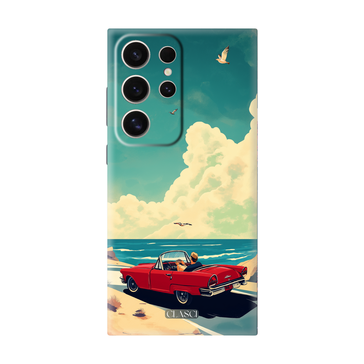 Retro Red Car with Sunset View Silicone Phone Case